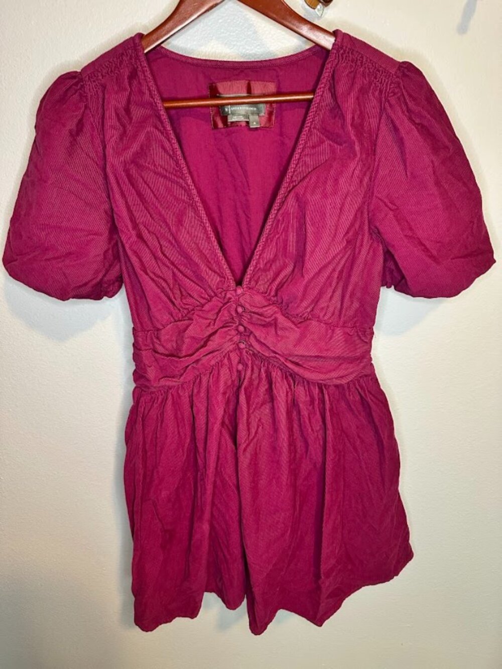 Anthropologie Raspberry Puff Sleeve Corduroy Mini Dress - Medium